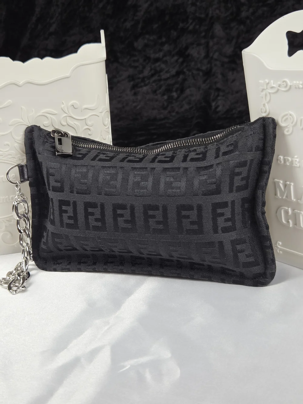Vintage Fendi Zucca Black Monogram Zip Pouch Wristlet